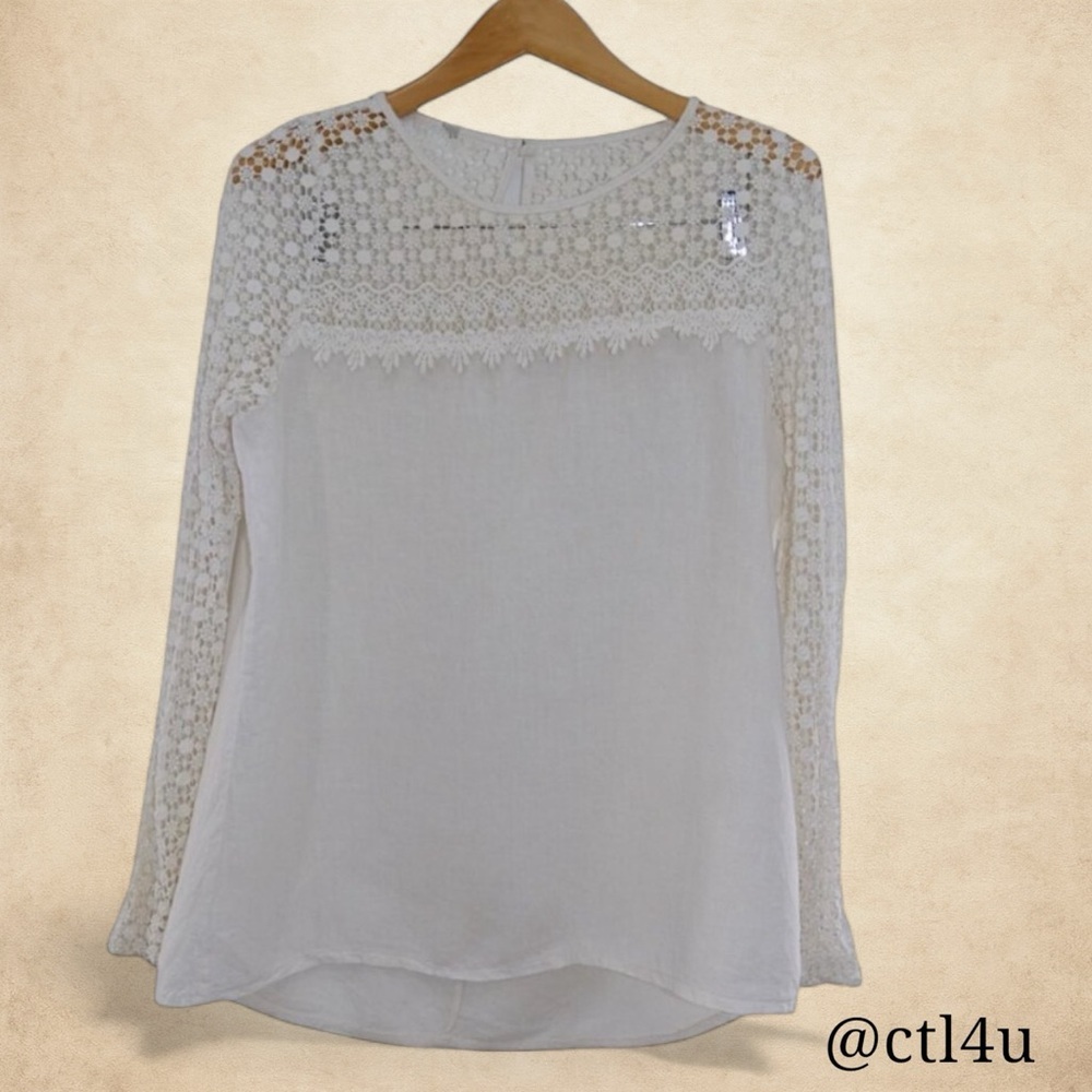 Vintage-Look Ivory White Crochet Lace Boho Top 100% Linen Women's Size Large